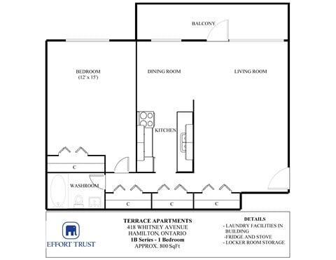 Floor plan for 1 bed, 1 bath, 700 sqft